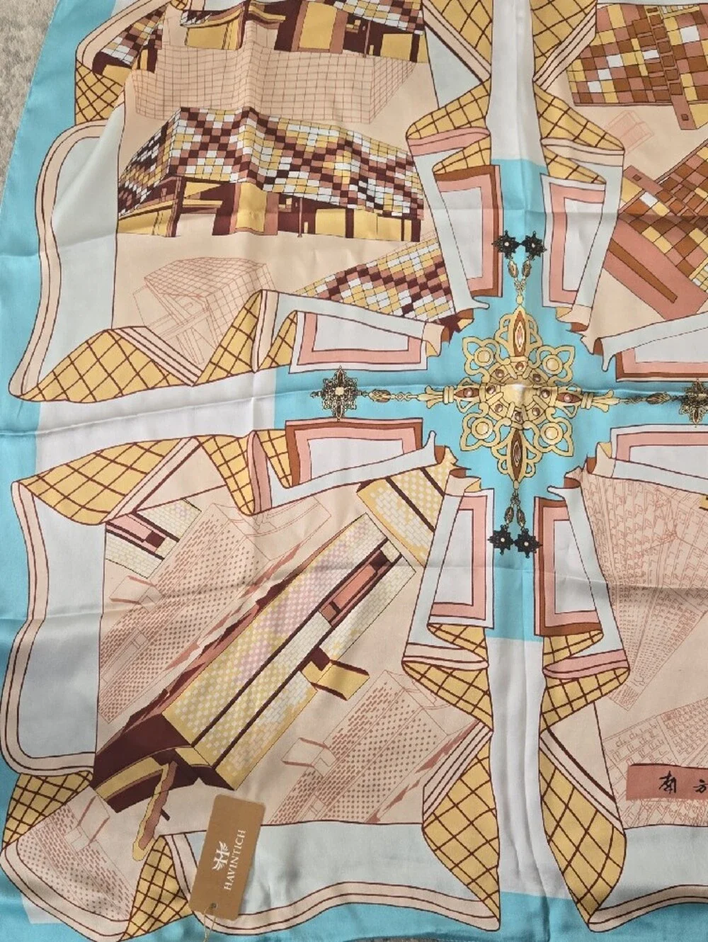100%silkPrinted Fashion Scarf in Turquoise, Beige & Gold